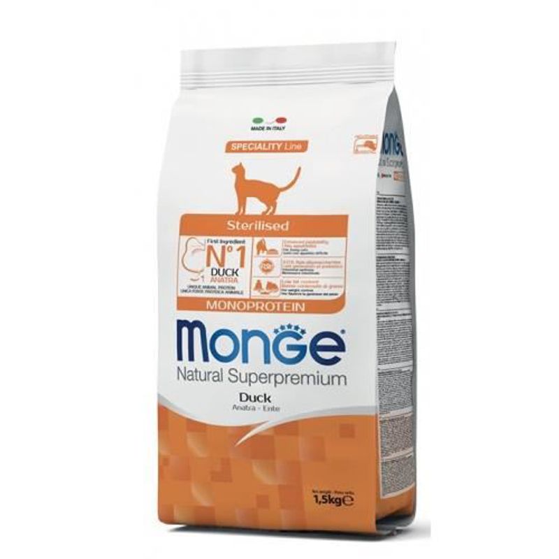 Monge Natural Cat Monoprotein Sterilised cu rață la 1.5 kg MONGE